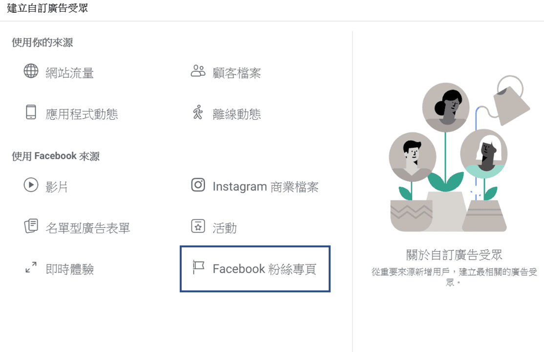 臉書廣告教學與信用卡推薦|Facebook自訂廣告受眾後台設定教學 - 第3張圖 點選粉絲專頁
