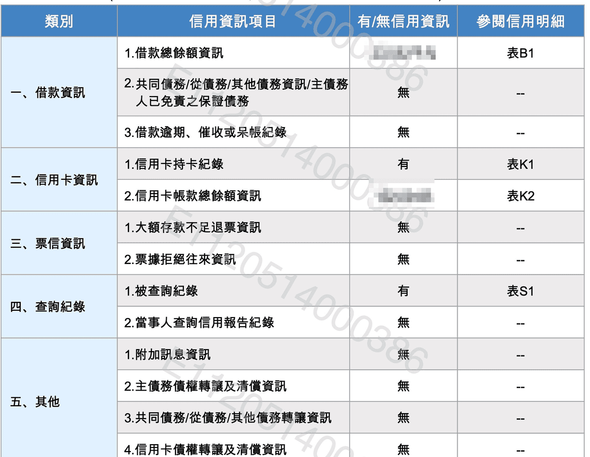 聯徵報告是什麼與怎麼看分數?個人聯徵信用分數紀錄查詢與意義 - 第2張圖 聯徵報告總表清單