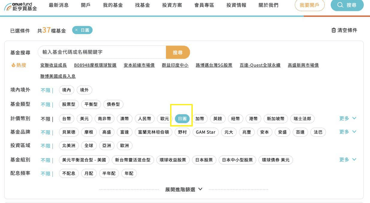 鉅亨買基金基金搜尋更多應用：篩選基金投資的市場區域、幣別、類型等
