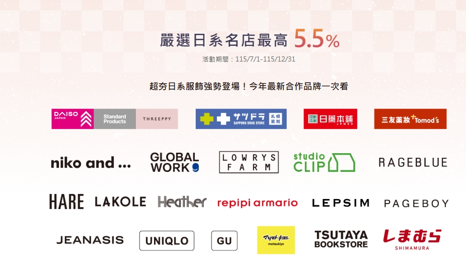 2026下半年聯邦吉鶴卡優惠值得辦嗎?日本旅遊最高11%回饋 - 第3張圖 聯邦吉鶴卡更多優惠:日系通路最高5.5%(UNIQLO、日藥本舖、DAISO大創百貨)